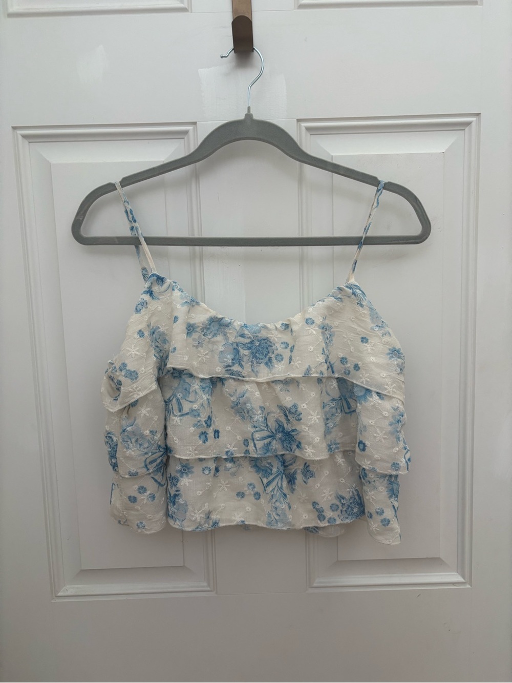 Altar'd State White Floral Ruffle Cami with Blue Embroidery